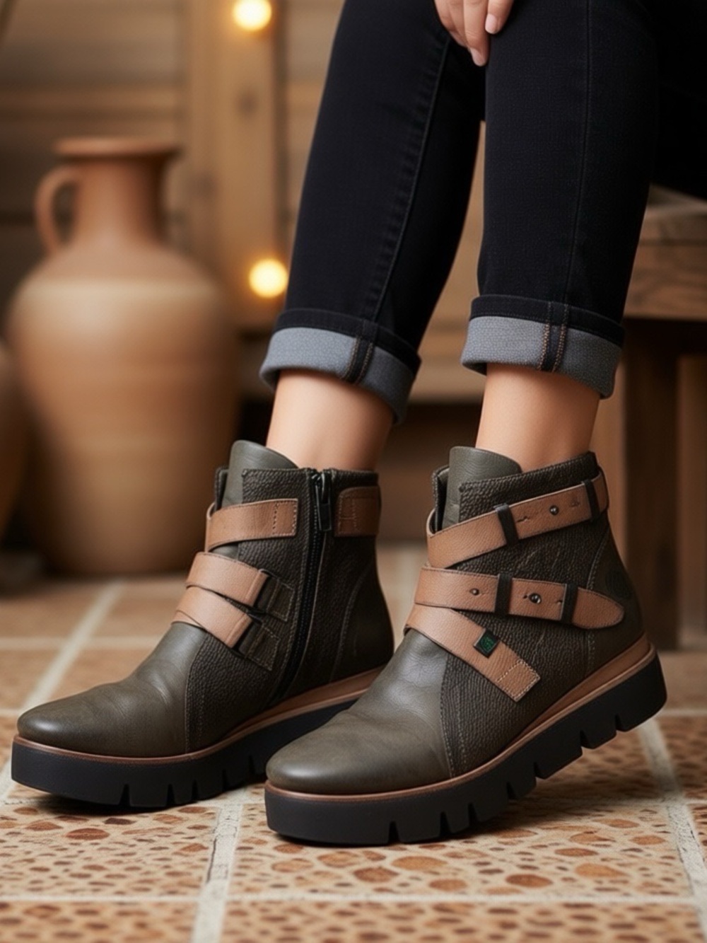 NWOT TAKEME Dark Brown Teide Genuine Leather Ankle Platform Boots Buckle Straps